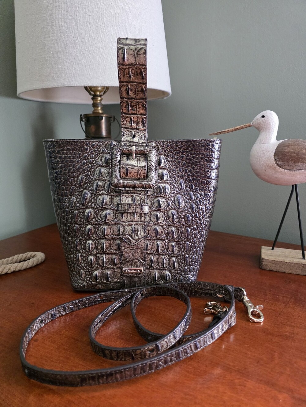 Brahmin Faith Bucket Bag Charcoal Pewter Metallic Croc Embossed Leather Bag